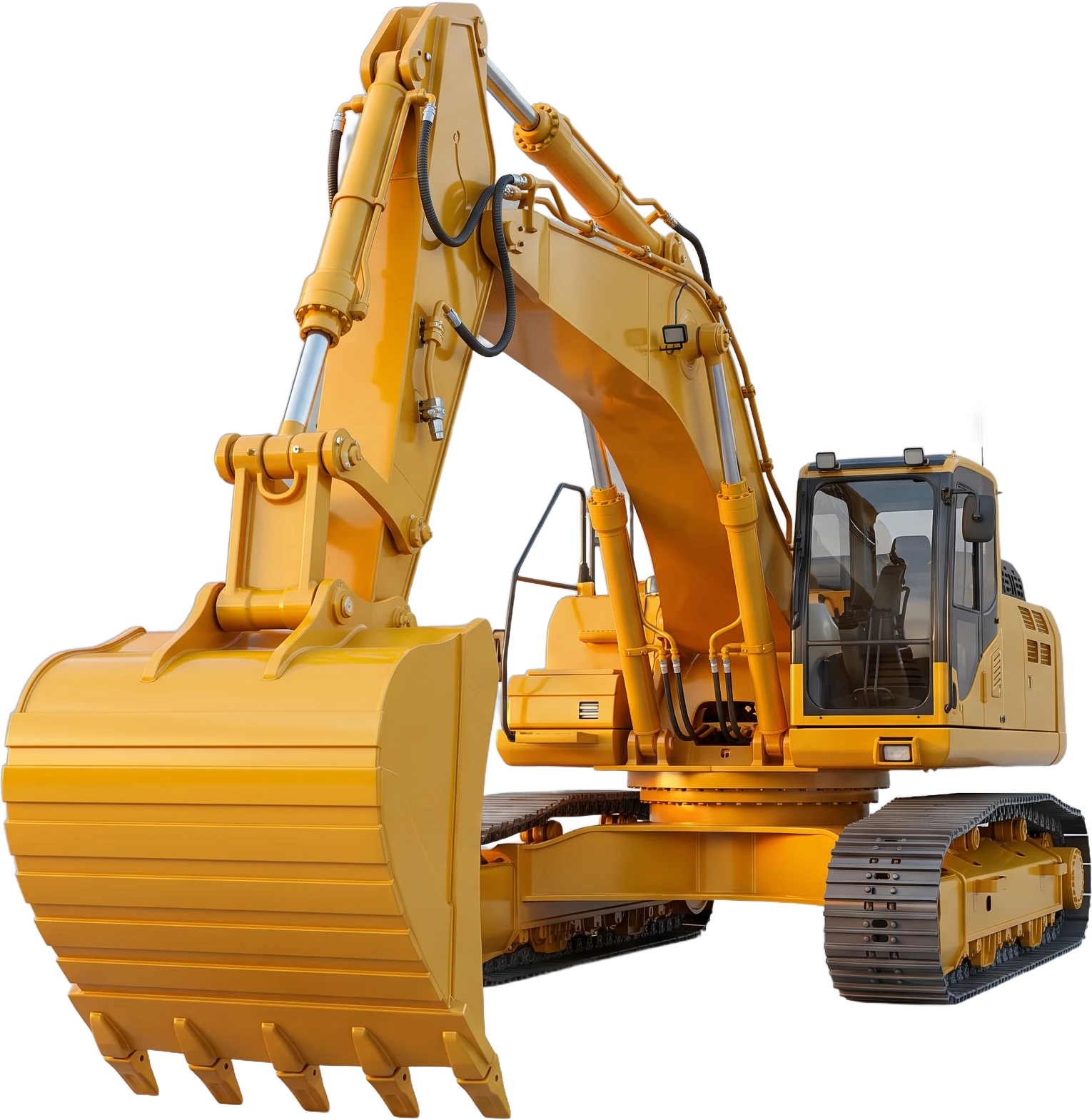 Yellow hydraulic excavator seen from the front on lateritic ground at the edge of the rainforest.