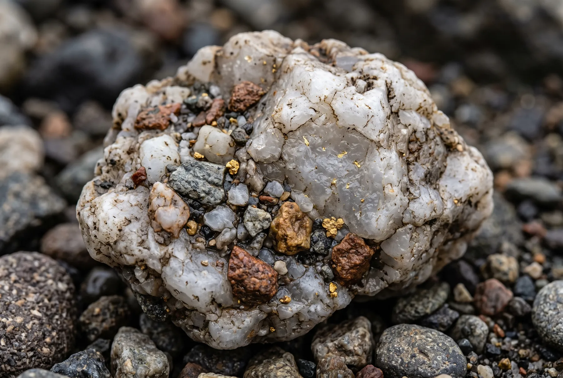 Roche quartzifère et gravier, cadrage macro.