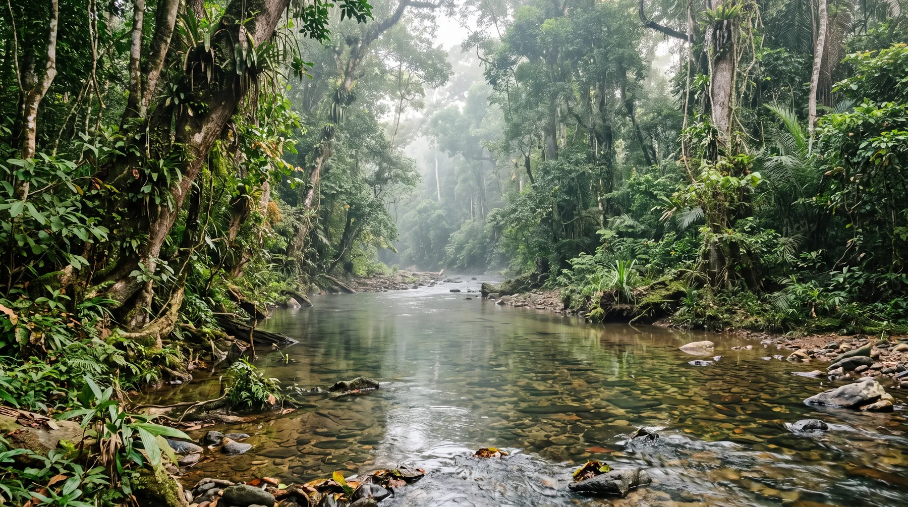 Cours d'eau en forêt équatoriale, eau claire et végétation dense.